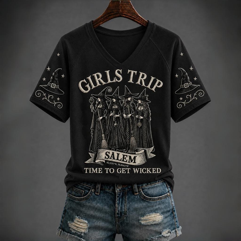 Women's Casual V-Neck Raglan Sleeve Halloween Print Short Sleeve T-Shirt for Party