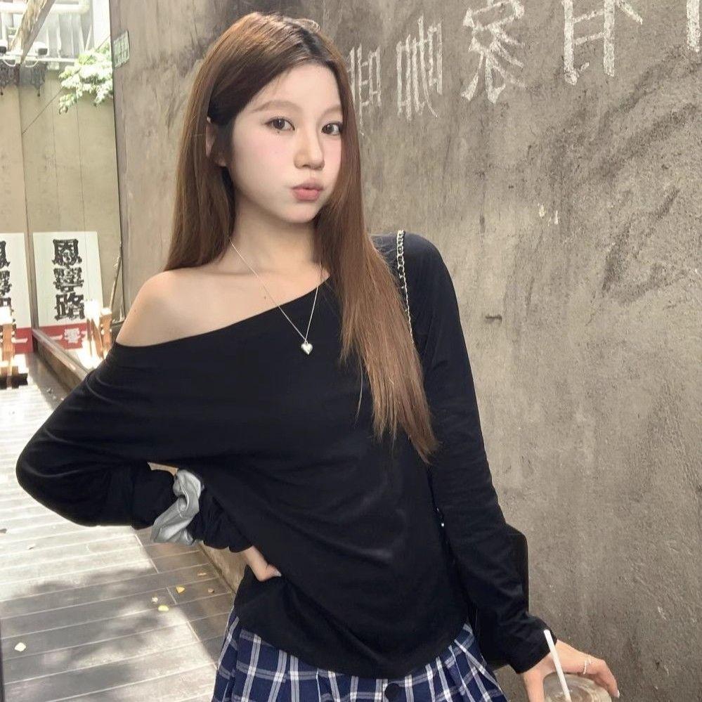 

Женская футболка с длинным рукавом и скошенным плечом для весны и осени, свободный топ-основа для ношения под одеждой XL чёрный