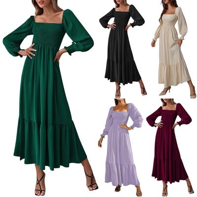 Women's U-neck Long-sleeved Ruffled High-waist Pullover Dress