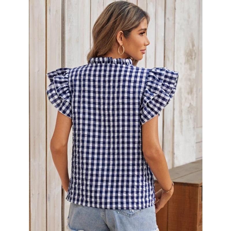 Blouse à imprimé carreaux d'été à volants double épaisseur pour femme, chemise douce et mignonne à col en V, hauts à manches courtes à carreaux pour femme, vêtements décontractés simples et amples