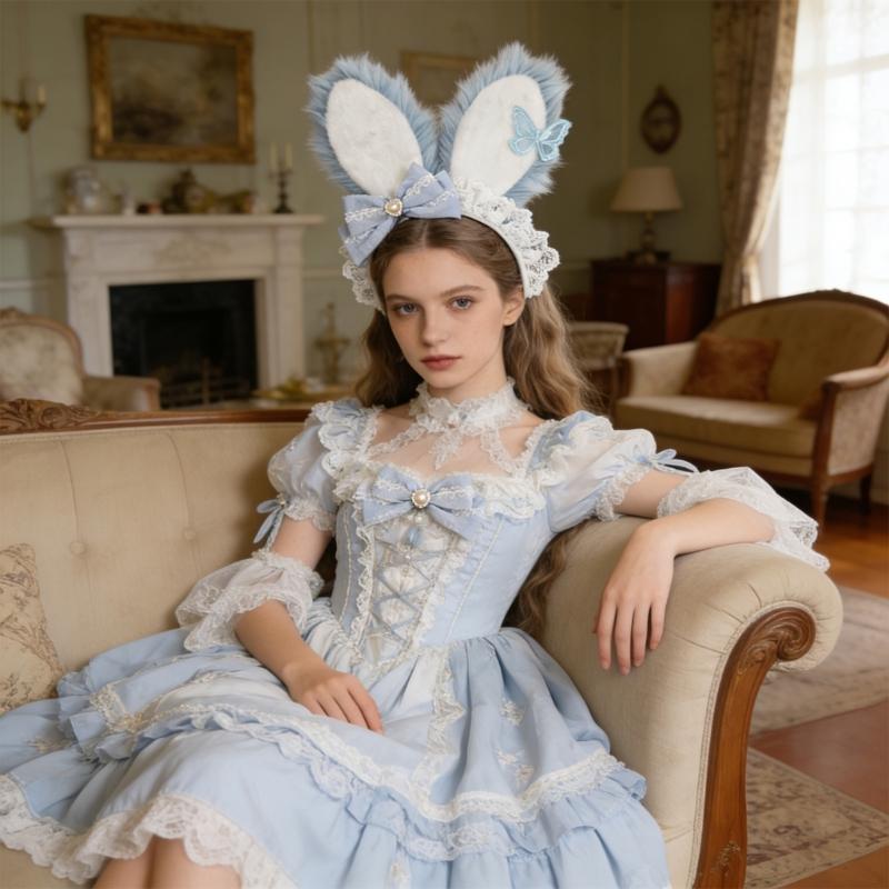 Plush Sweet Rabbit Ears Headband With Elegant Lace And Bowknot Detachable For Cosplay Party And Daily Wear
