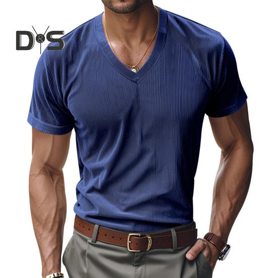 Tricou bărbătesc din velur cu decolteu în V Tricou din tricot cu nervuri pentru bărbați Tricou cu mânecă scurtă Casual Top business pentru muncă, vacanță, stradă