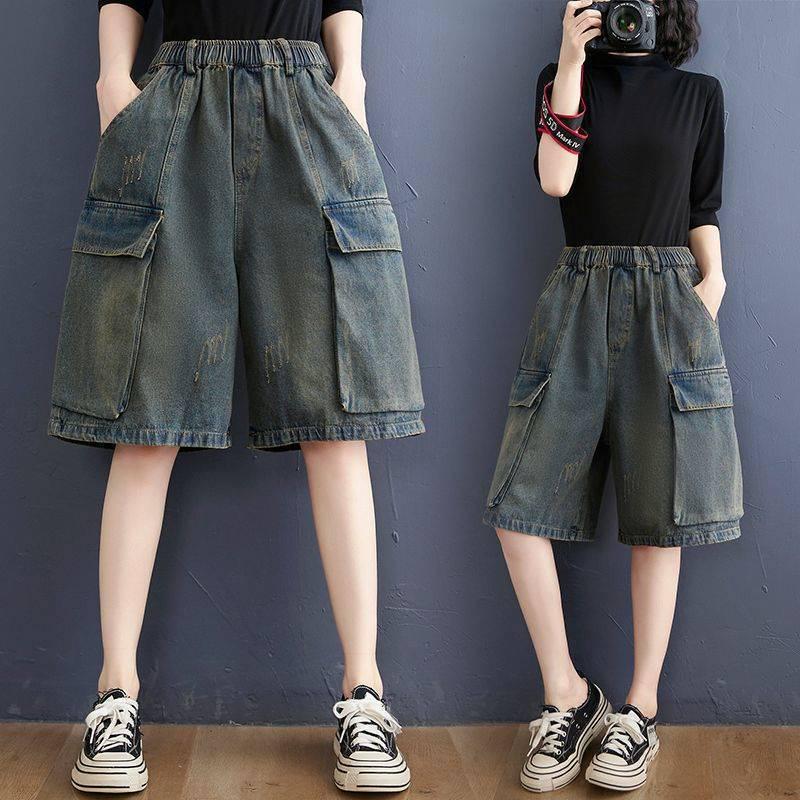 Plus-Size Women's High-Waist Retro Denim Shorts - Distressed, Washed, Wide-Leg, Five-Point, Versatile Summer Wear