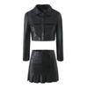 Sweet Cool Fancy Sexy Fried Street Fashionable Retro Leather Coat + Pleated Skirt Small Dress Two-piece Set