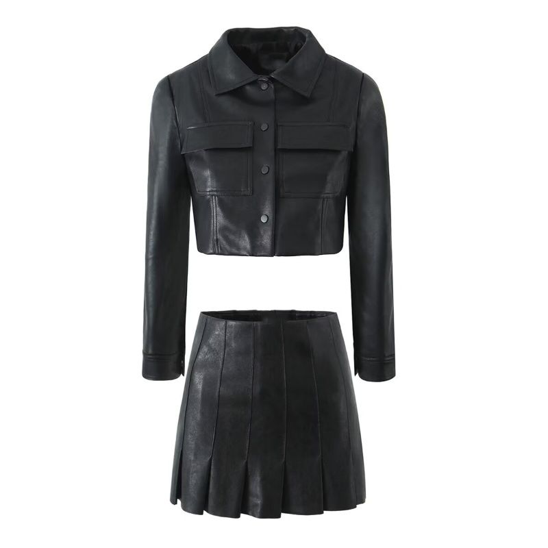 Sweet Cool Fancy Sexy Fried Street Fashionable Retro Leather Coat + Pleated Skirt Small Dress Two-piece Set