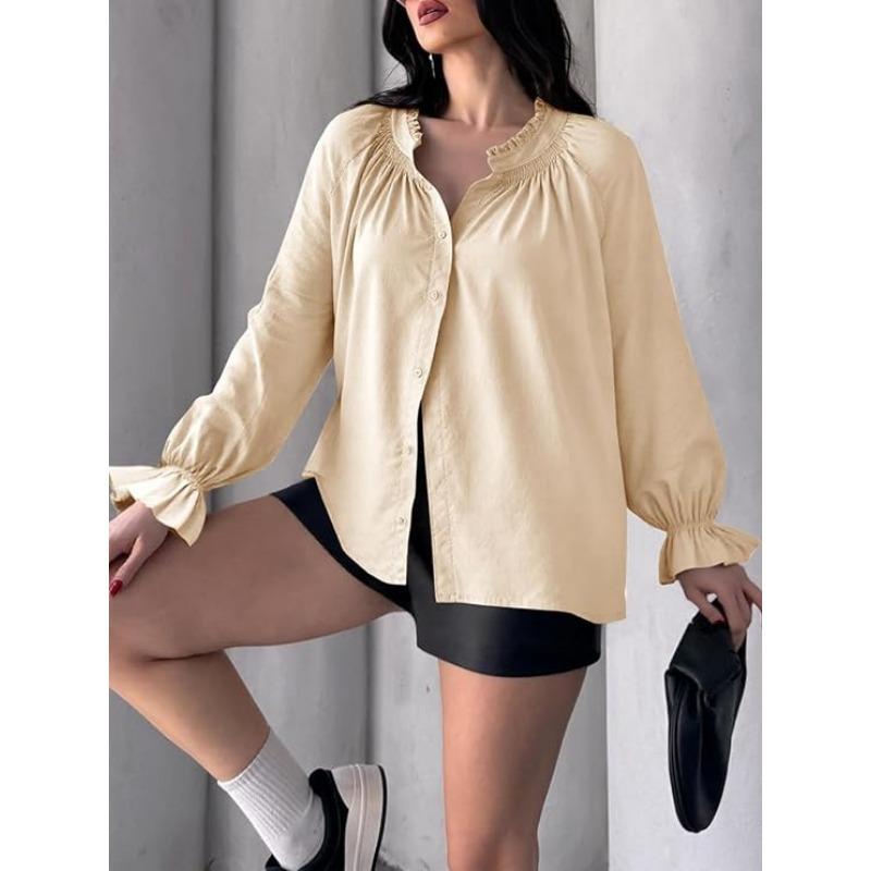 Spring and Autumn New Women's Elegant and Sweet Loose Casual Lantern Sleeve V-neck Ruffle Shirt