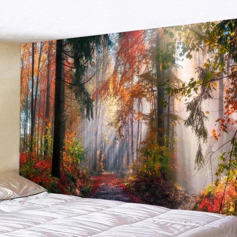 Large wall tapestry of natural forest chalet by the lake, hippie landscape art for home decoration, bohemian wall pendant inspired by nature