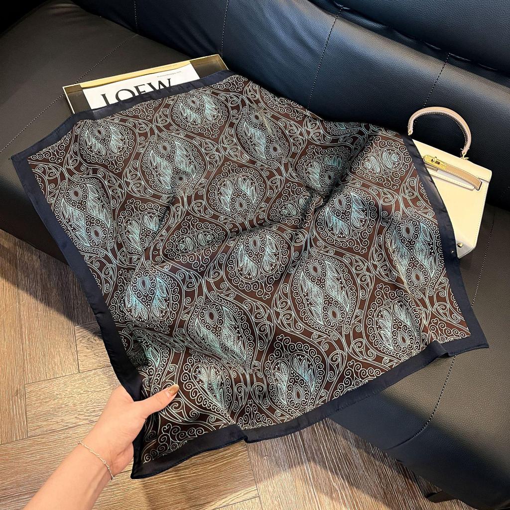 French Retro Silk Women's Square Scarf - Cashew Print, Versatile, High-End Accessory