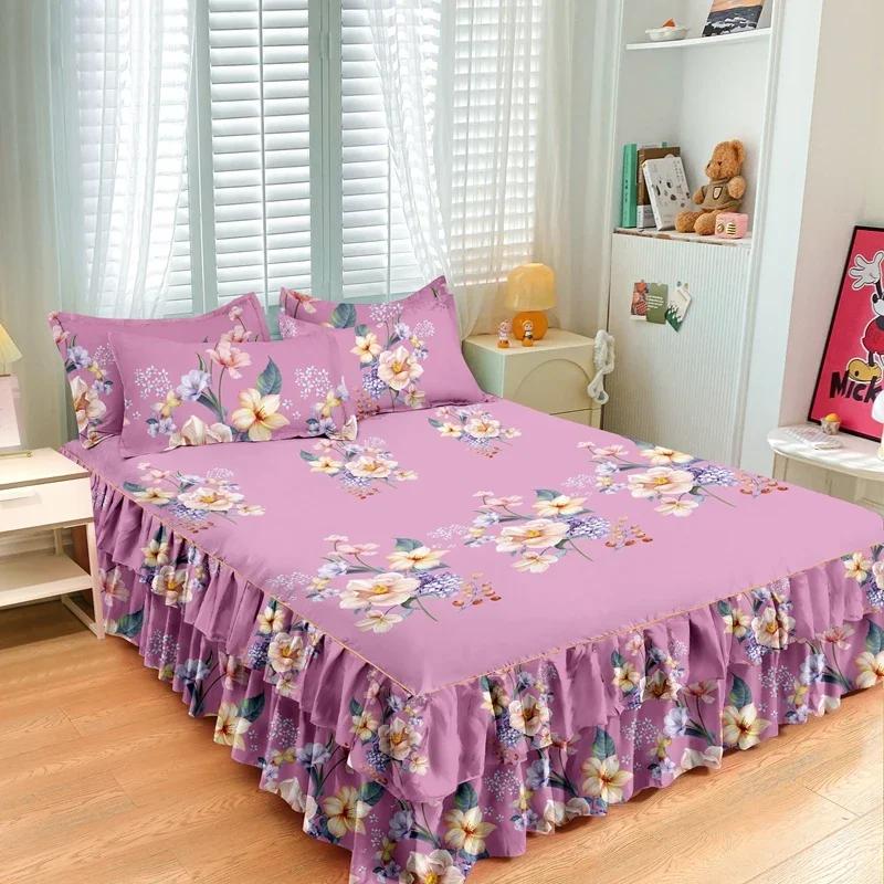 Nordic Floral Queen Bed Skirt Without Pillowcase Double Single Mattress Cover Anti-slip Full Size Adjustable Bedspread 360°Warp