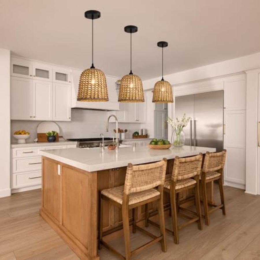 Boho Pendant Light Fixtures 9.5 Hand Woven Seagrass Rattan Mini Chandelier for Dining Living Bedroom Kitchen Farmhouse 3-Pack N