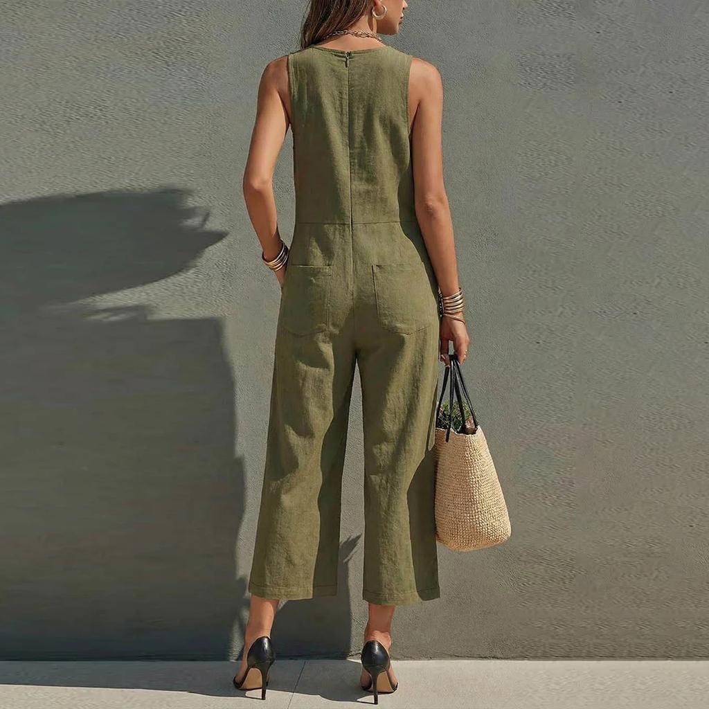 Modischer Damen-Jumpsuit mit Rundhalsausschnitt, Knöpfen, ärmellos, Tasche, lässig, Retro, weites Bein, Sieben-Viertel-Länge
