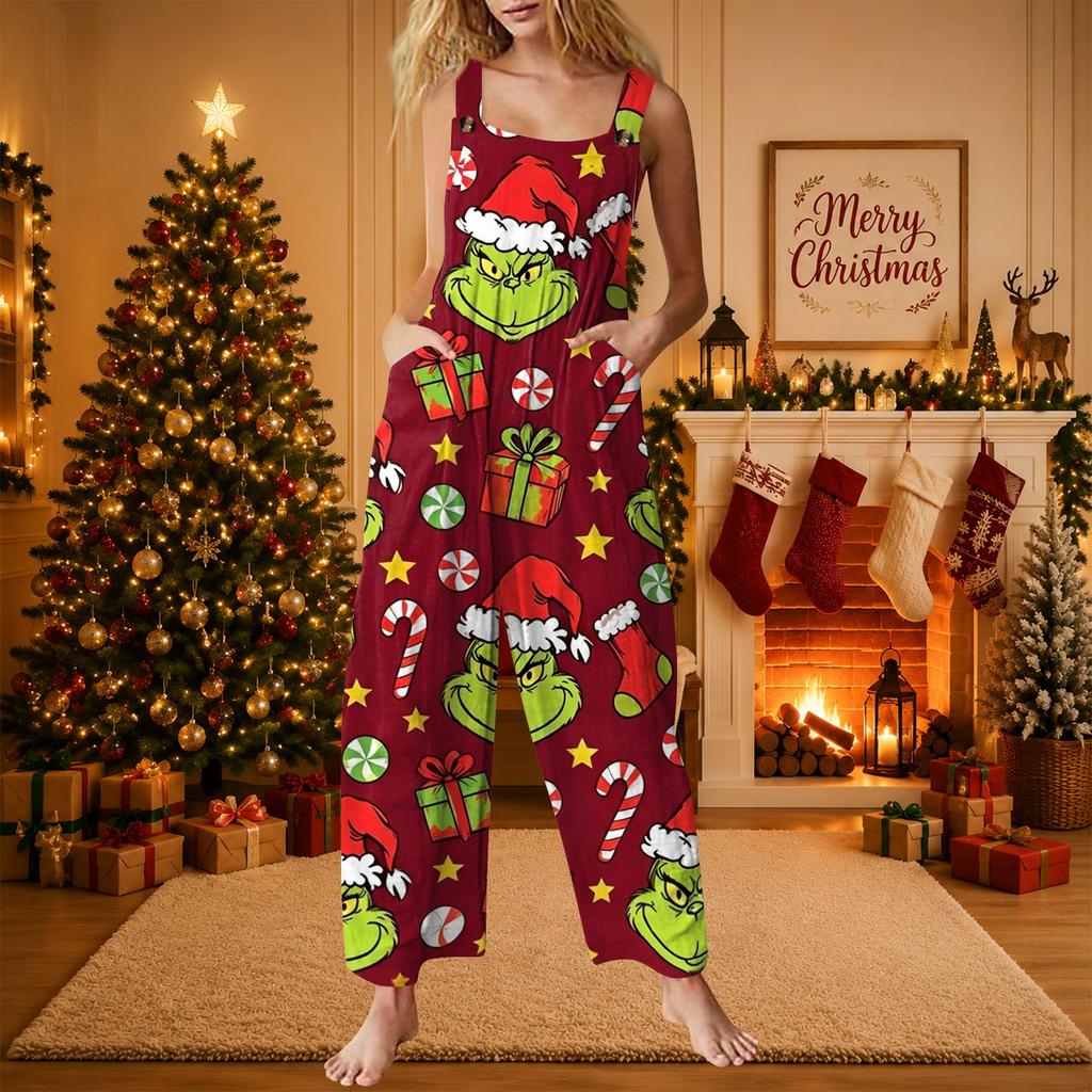 Women's Casual Sleeveless Cotton Jumpsuit with Christmas Print
