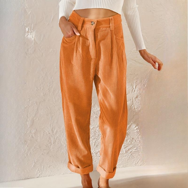 GMXIA Autumn Women's High Waist Casual Pants Solid Colour Corduroy Loose Straight Trousers