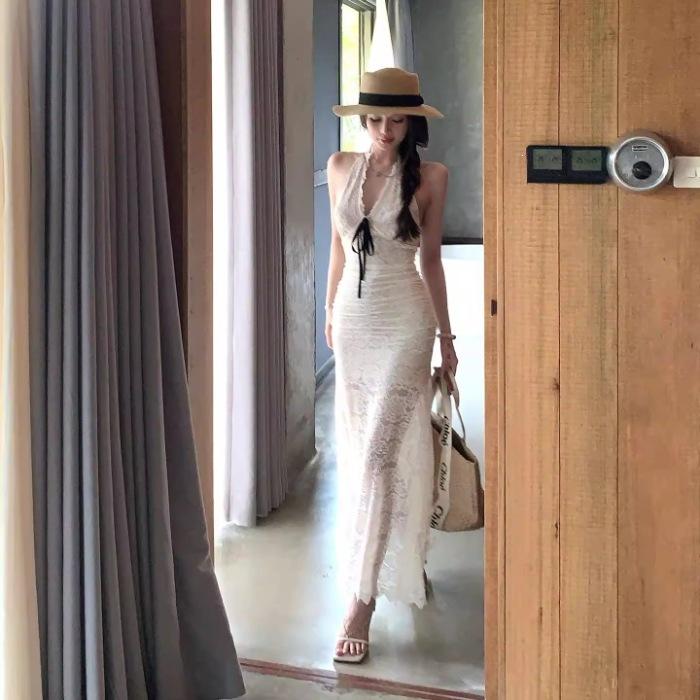 [Original] [Lost Bali] Dress Women s Spring and Summer Sexy Halter Lace Holiday Neck Dress S