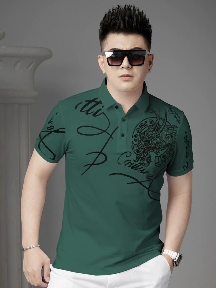 European Station 2025 Summer New Short Sleeve Polo Shirt Men's Trendy Casual Top with Flocking Print and Rhinestone T-Shirt