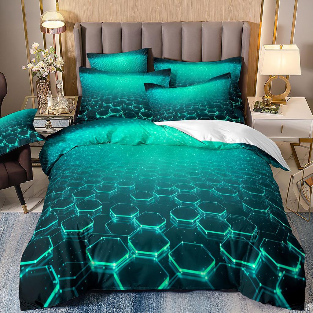 Abstraktes 3D-Druck-Bettwäscheset mit geometrischem Karomuster, vierteilig, dreiteilig