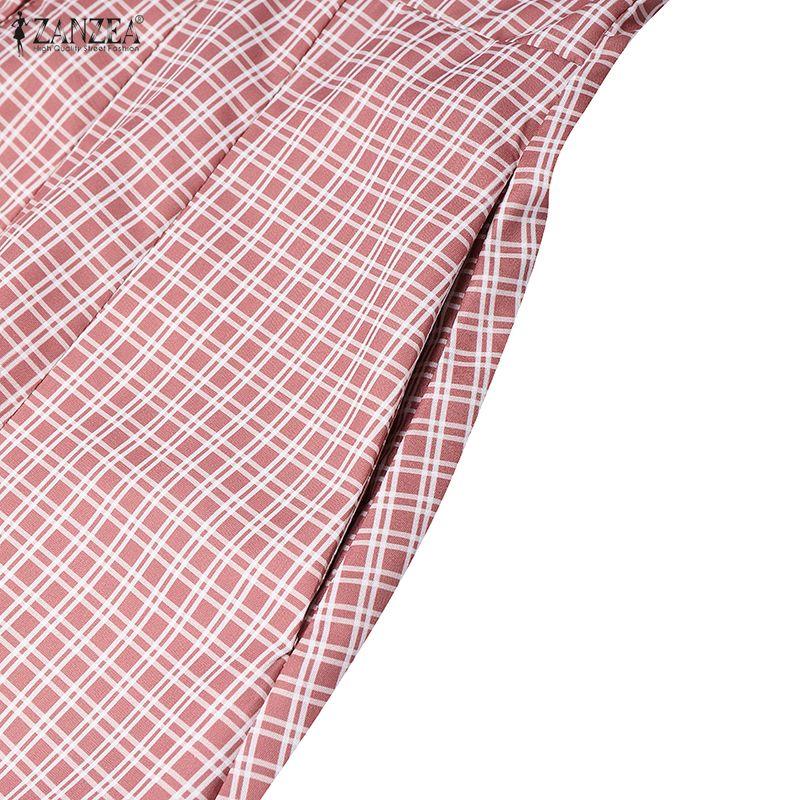 ZANZEA Damen Lässiges Kleid mit Umlegekragen, Karomuster, locker, kurzärmelig