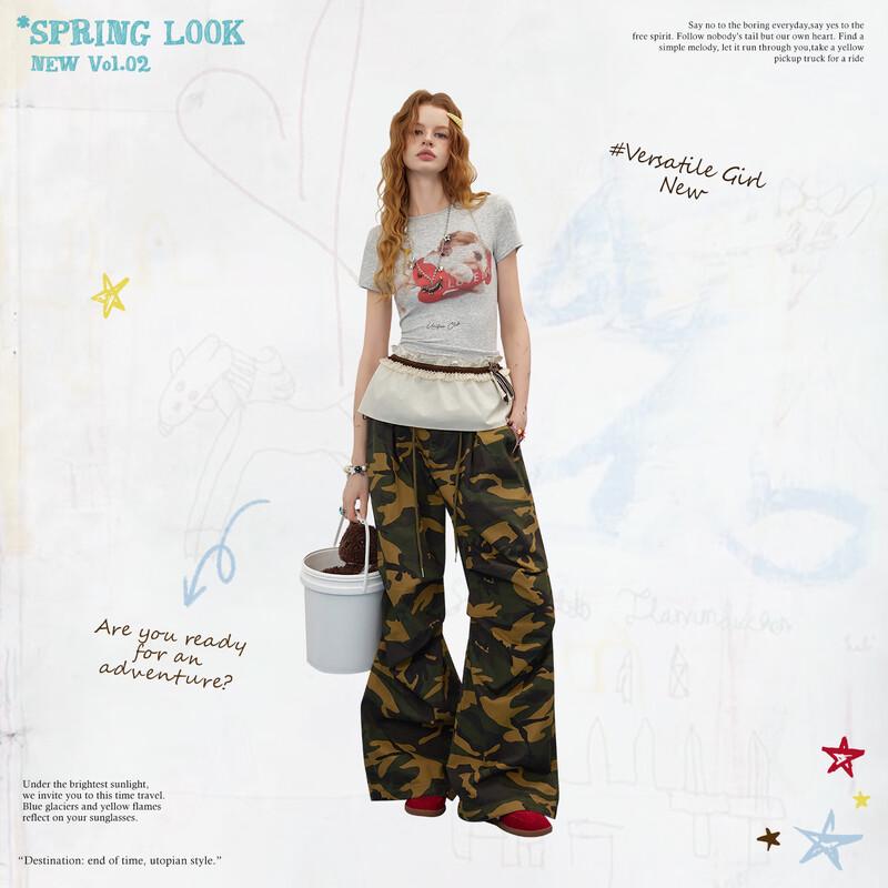 unifree American Retro Camo Print Loose Wide-Leg Casual Pants