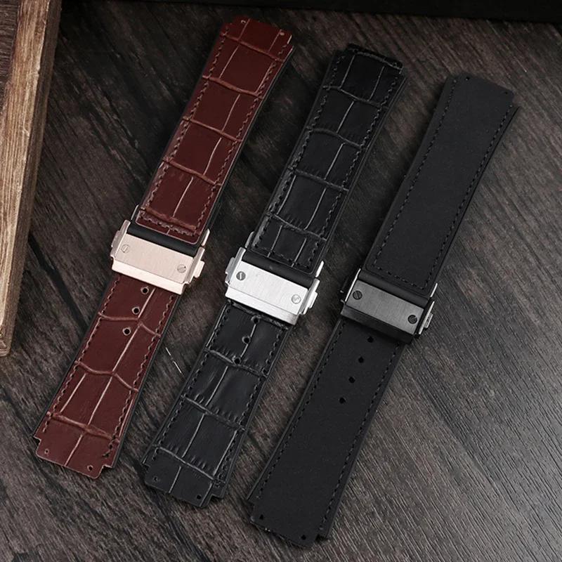 26*19mm Real Cow Leather Rubber Watchband for HUBLOT Classic Fusion Universe Big Bang Series Men belt Watch band butterfly Buckl