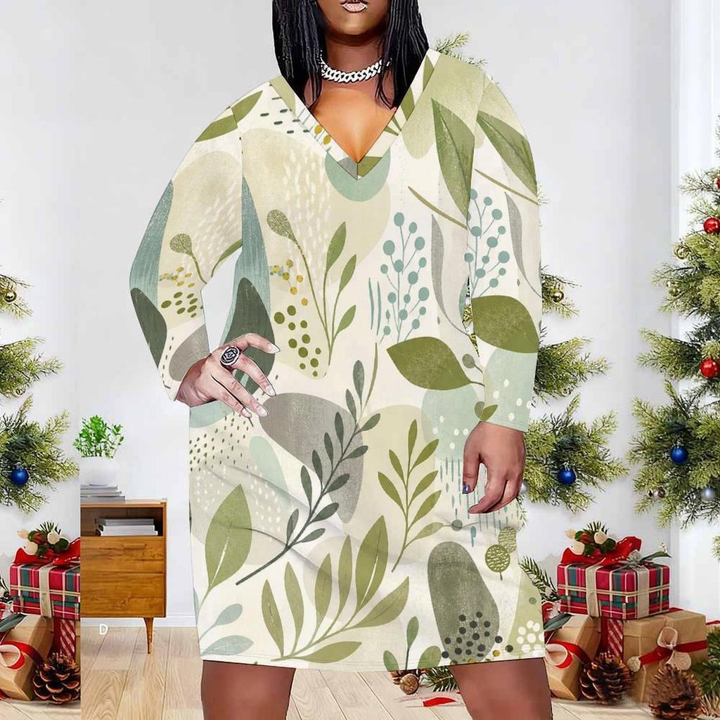 Women Plus Size V Neck Long Sleeve Tropical Leaf Printed Fitted Midi Dress