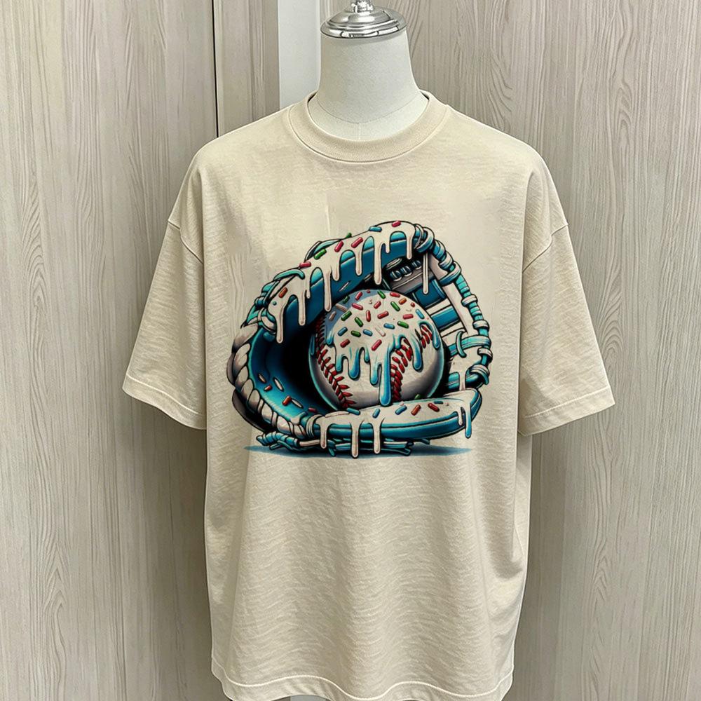 Dripping Donut Baseball Glove Graphic T Shirt Unisex Oversized Short Sleeve Tees Soft Cotton Colorful Sprinkles Baseball Print