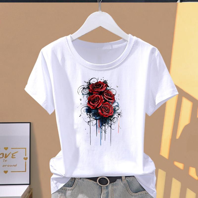 (Asian Size) lovely flower cute Print O-neck Short Sleeve T-shirts Fashion Female Casual Women's Top T Clothing Graphic Tee