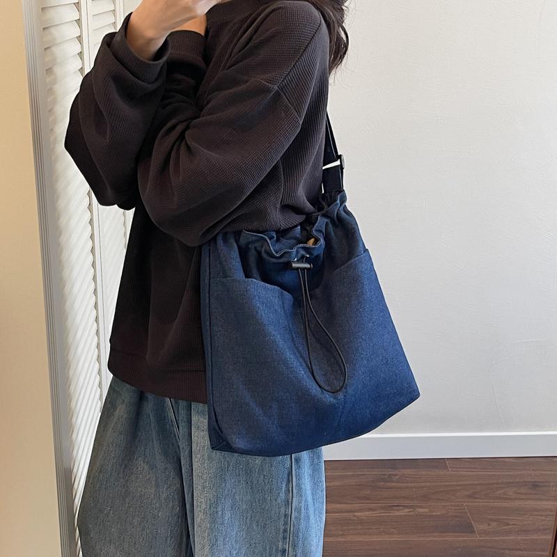 Large Capacity Drawstring Bucket Bag Women's Denim Crossbody Bag Commuter Shoulder Bag