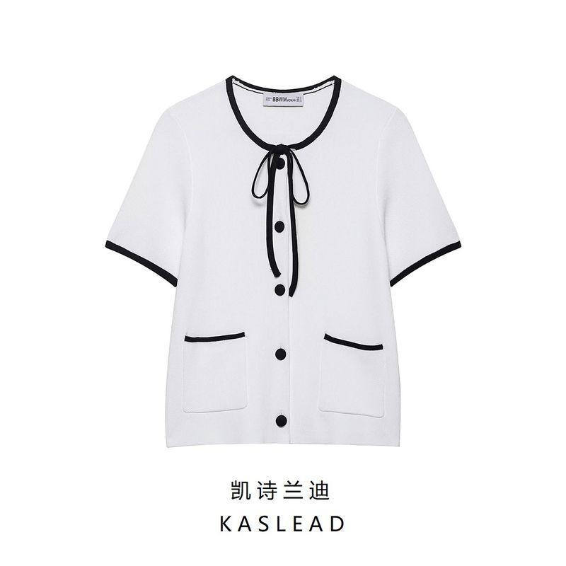 Kaslead New Women clothes Western Style Fashion Simple Contrast Color Trim Knitted Outerwear 5536192