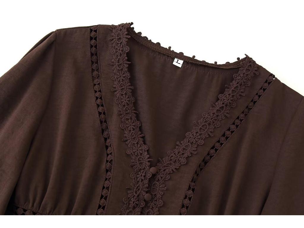 Women's European American Lace Trim V-Neck Long Sleeve Dress