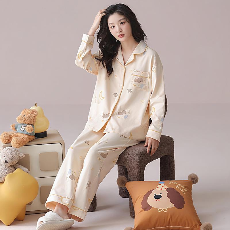 Korean version of simple cartoon moon bear long-sleeved pajamas women's spring and autumn casual cardigan set women's large-size loungewear