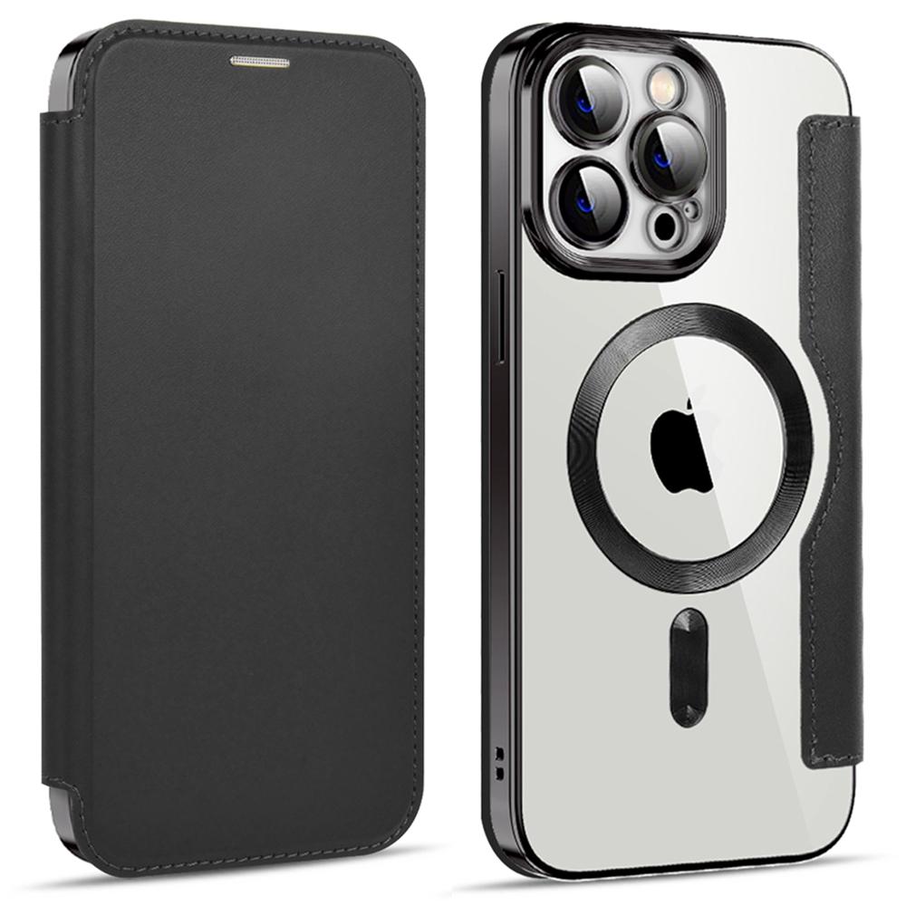 

For iPhone 13 Pro Max 6.7 inch Compatible with MagSafe RFID Blocking Card Slots Bump Proof TPU Electroplating Clear Back Flip Case with Lens Film Black