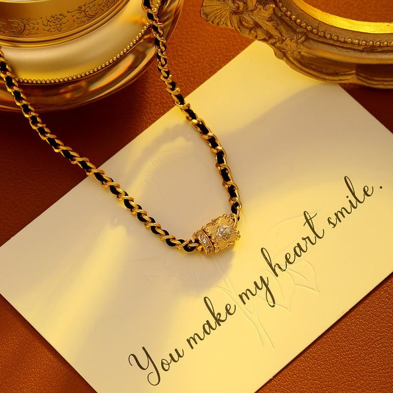 Vintage Chic Gold-Black Woven Choker Necklace Women Geometric Pendant Copper Chain Jewelry