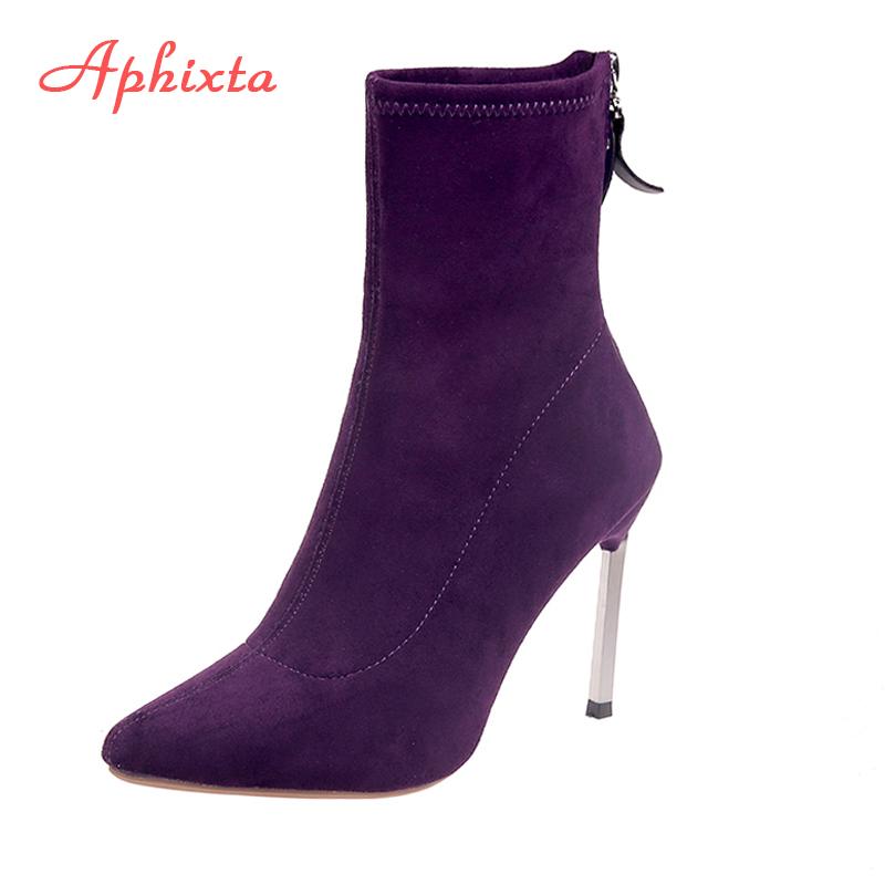 Fashion Aphixta Stiletto Boots Women Shoes Zip Stretch Fabric Female Botas Pointed Toe Mid-Calf Socks Thin High Heel Elastic High Boots