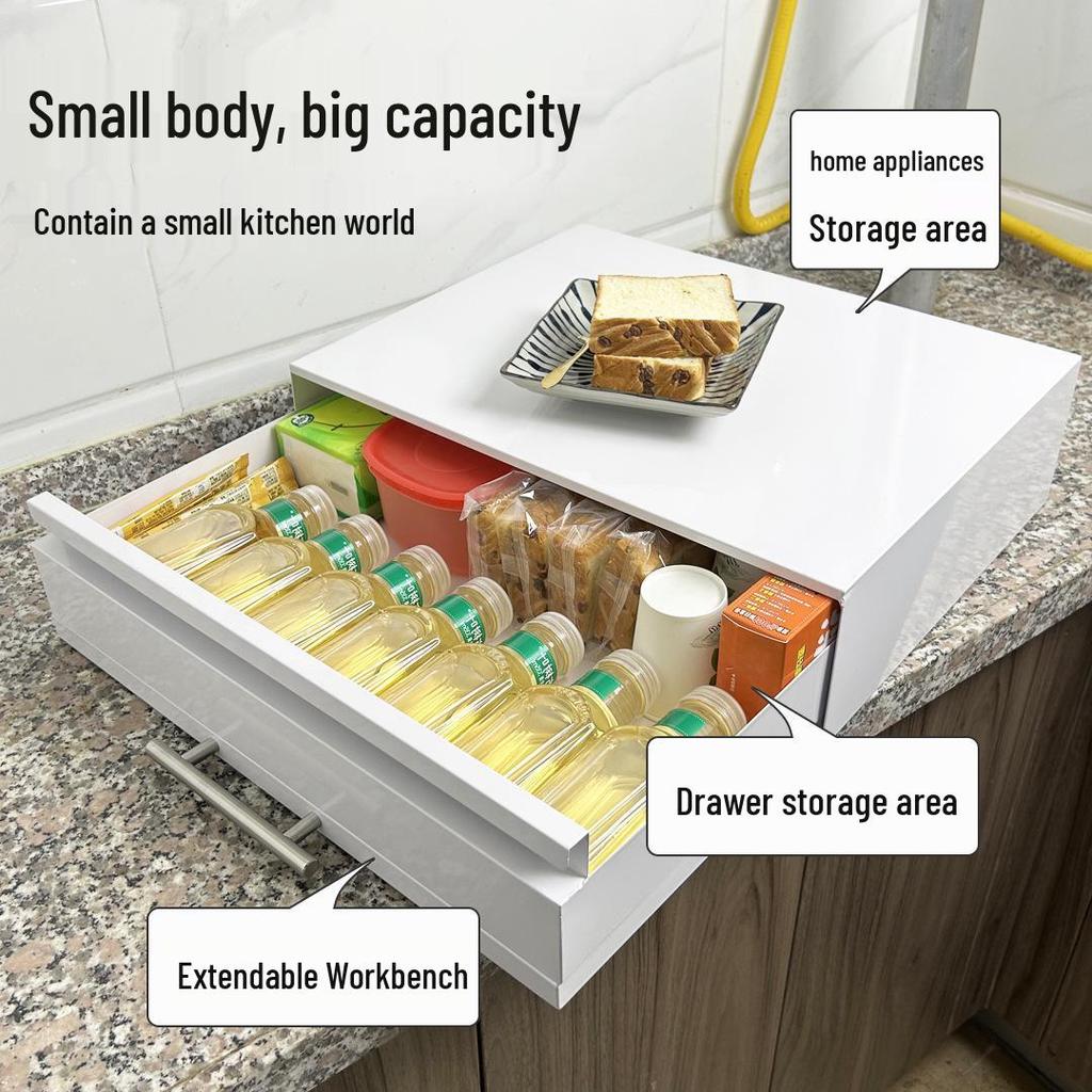 Coffee Machine Storage Rack & Microwave Riser with Dustproof Tea Bag Box