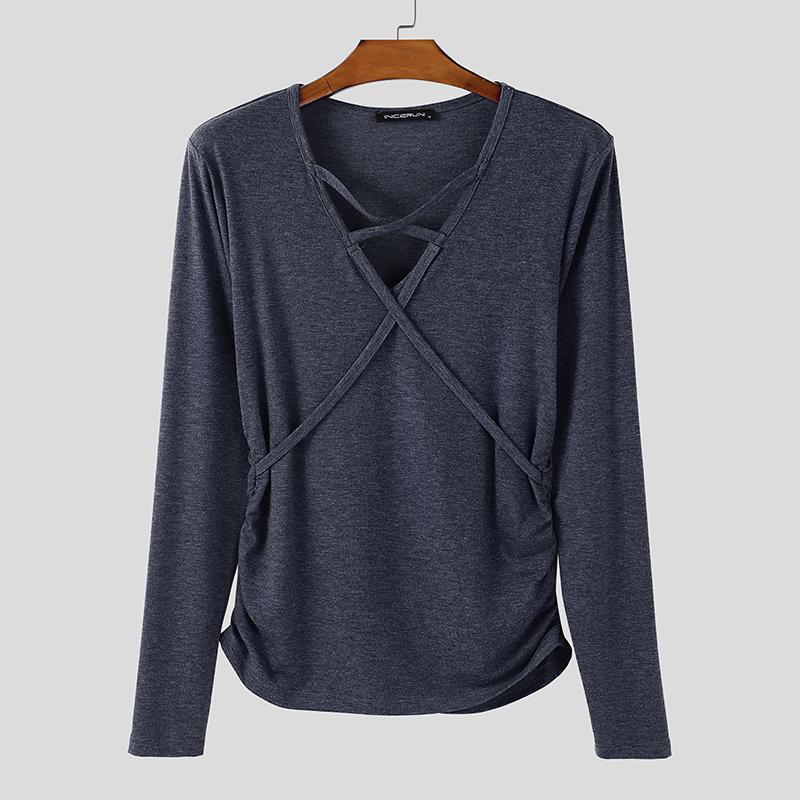 INCERUN Men Long Sleeve V Neck Bandage Fitted Casual Undershirts Tops T-shirts
