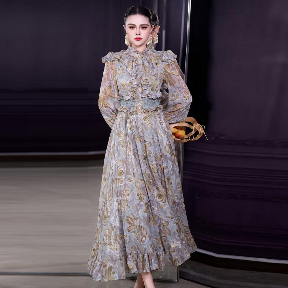 Stand Collar Long Sleeve Ruffle Waist Courtly Light Skirt - Spring 2026 Women's Collection