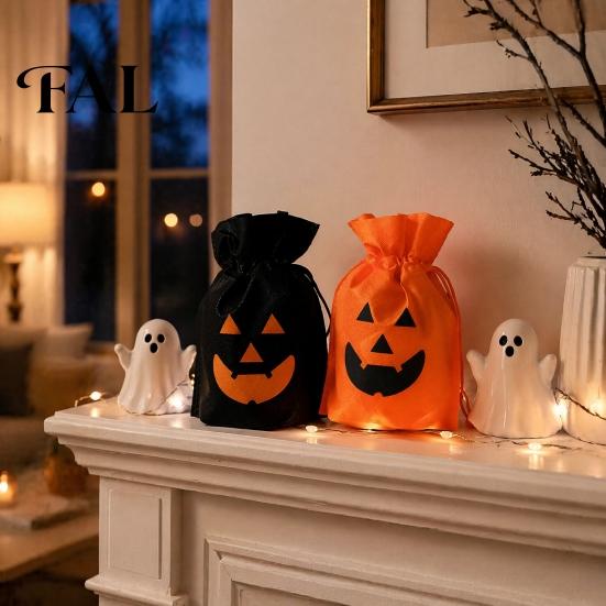 Halloween Pumpkin Bags for Kids 5 Pcs Treats Bag, Non-woven Fabric Candy Portable Snack Drawstring Goodie Party Favors Lightweight Totes Sweets