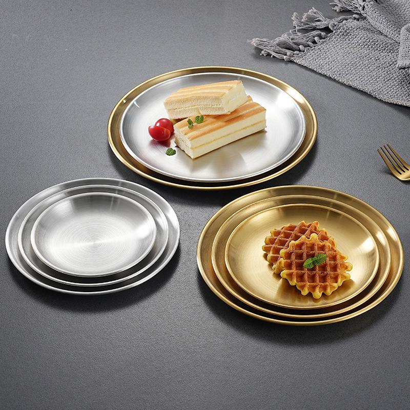 Stainless Steel Round  Food Storage Tray Korean Style Steak BBQ Buffet Plates Durable Thicken Shallow Dishes Kitchen Tools