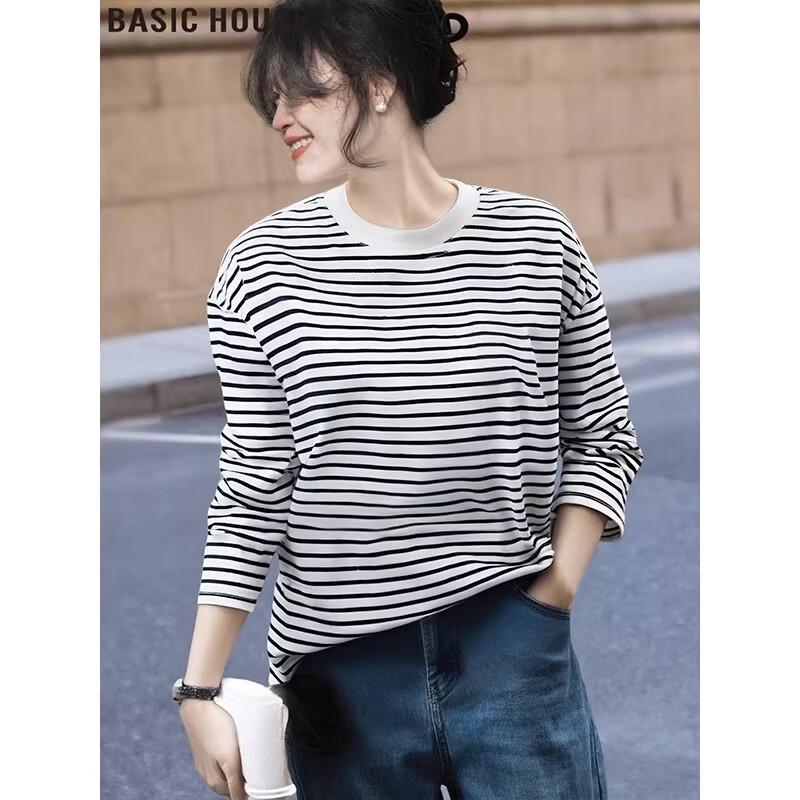 

Basic House Women s Relaxed Fit Color-Block Stripe Long Sleeve T-Shirt M