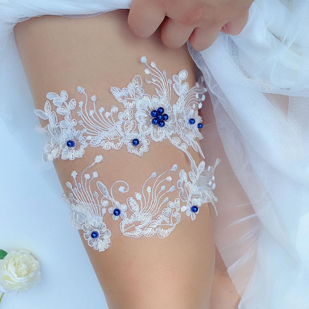Wedding Dress Decoration Leg Ring Stockings Garters Bride Leg Garter Sexy Lace Women Socks Ring Thigh Bands With Blue Pearl