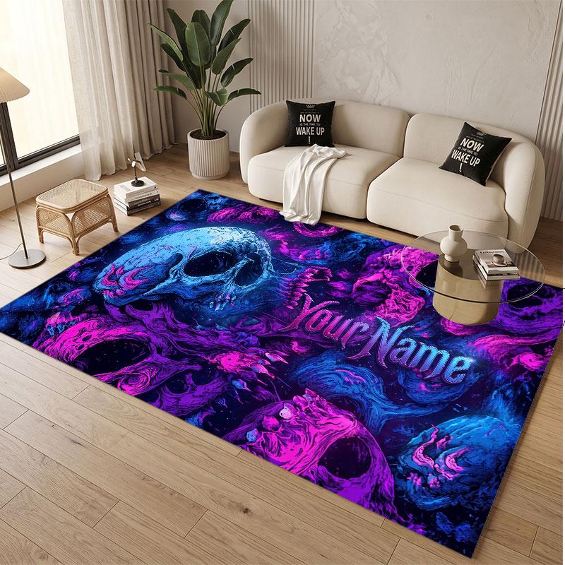 Totenkopf Gothic Thema Weicher Kristall-Samt Teppich Benutzerdefinierter Name & Text Druck Rutschfester Boden Teppich für Schlafzimmer Wohnzimmer