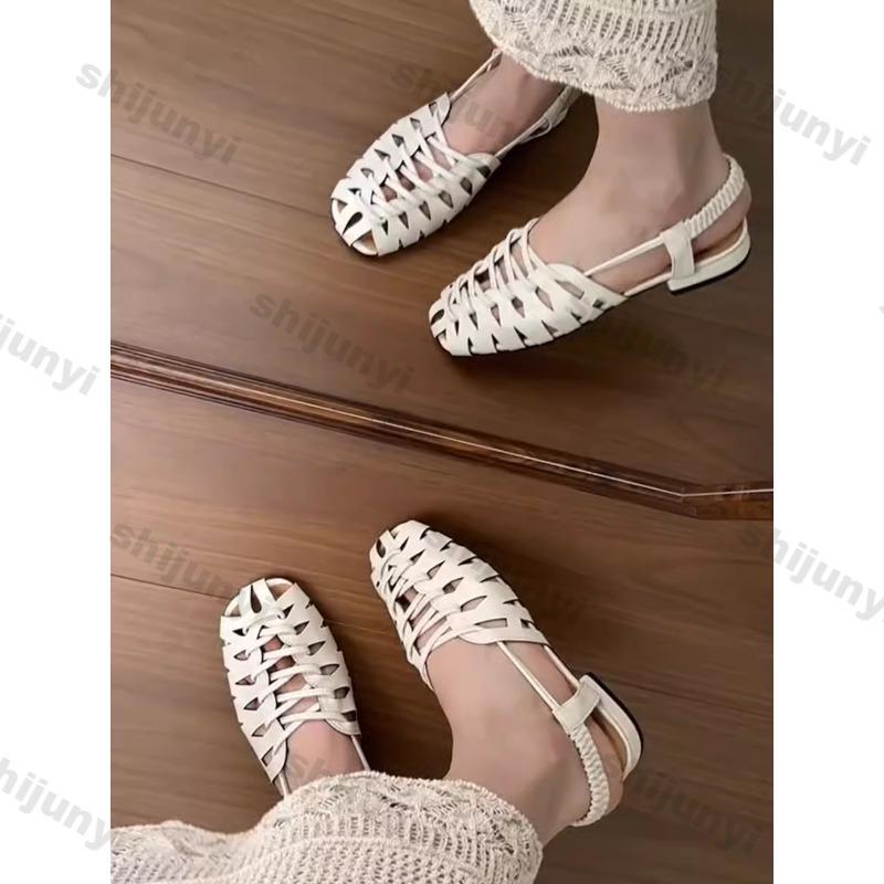 Fashion Women's Sandals 2025 New Weave Baotou Lightweight Comfortable Casual Shoes Hollow Breathable Fashion Luxury Square Toe Sandals