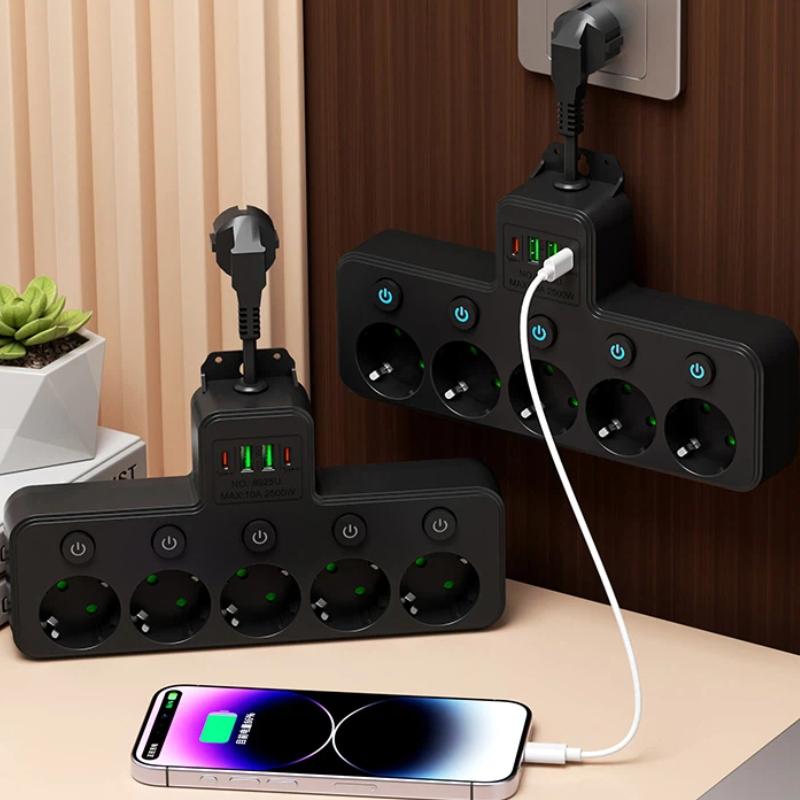 EU Power Strip – 5 AC Outlets with Independent Switches, Optional USB/Type-C