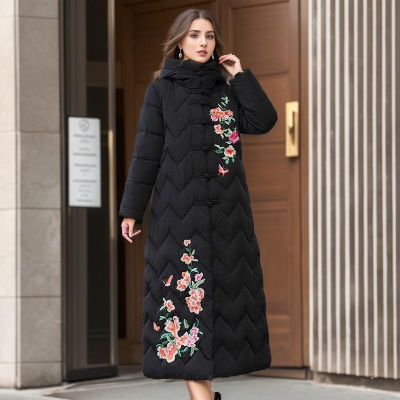 

Женская зимняя теплая вышитая куртка длиной до колена, длинная куртка для холодного снега XL