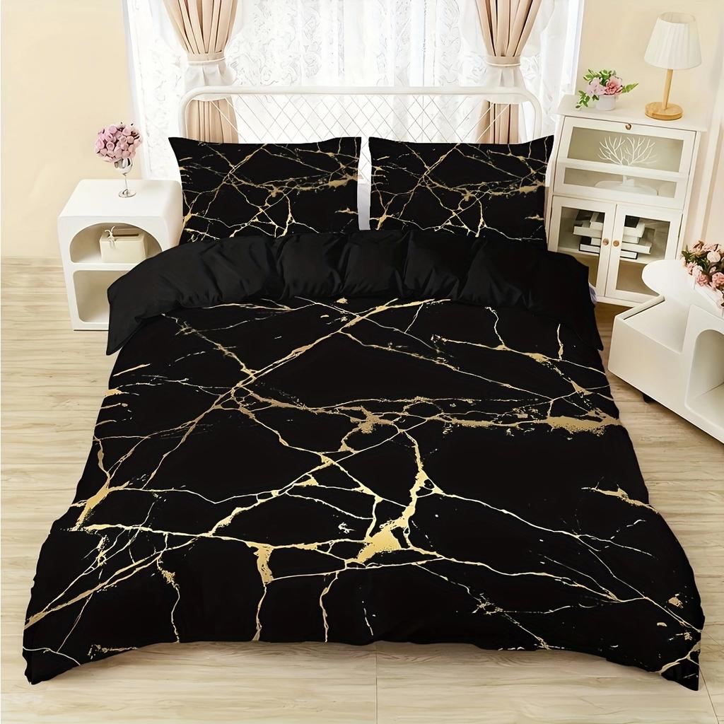 3pcs Duvet Cover Set King Size,Queen Black Marble Printed Bedding Set 1 * Duvet Cover+2 Pillowcases-Bedding Set for Bedroom