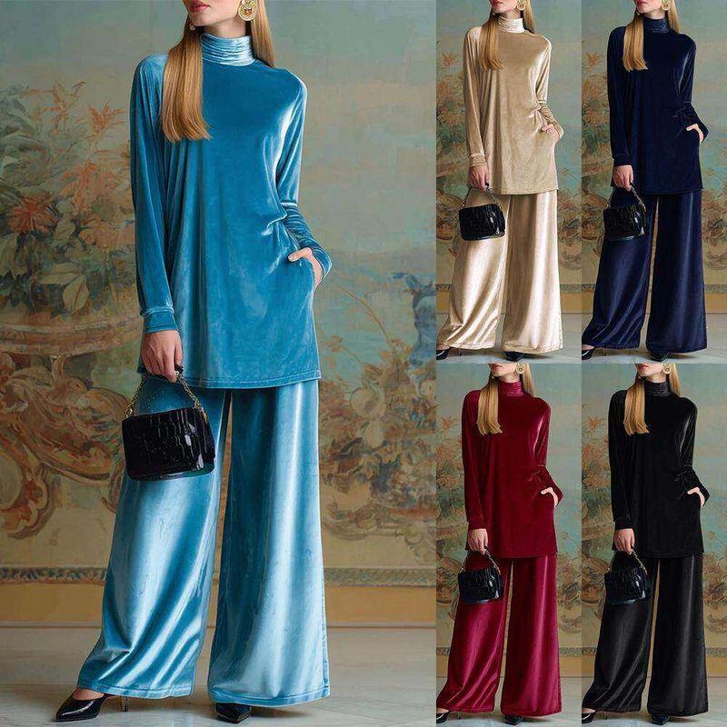 Gold Velvet Loose Top Wide Leg Pants Set