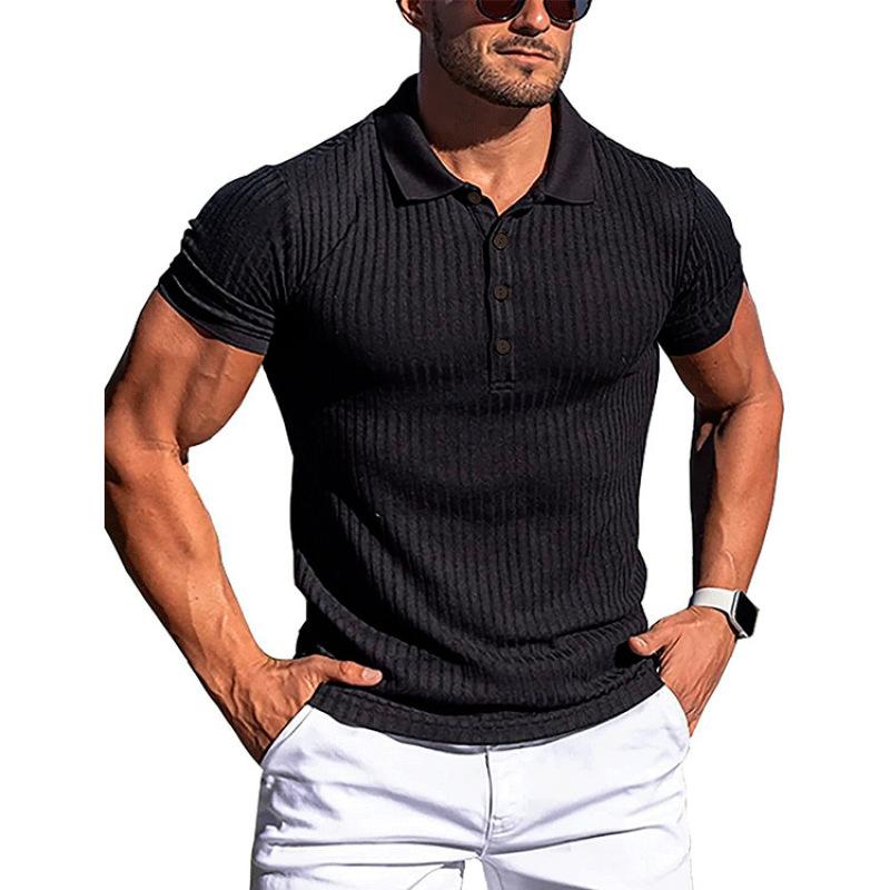 Men's Running Sports Gym Wear Summer High Stretch Vertical Strip Short Sleeve POLO Shirt Slim Fit Knit Base Layer