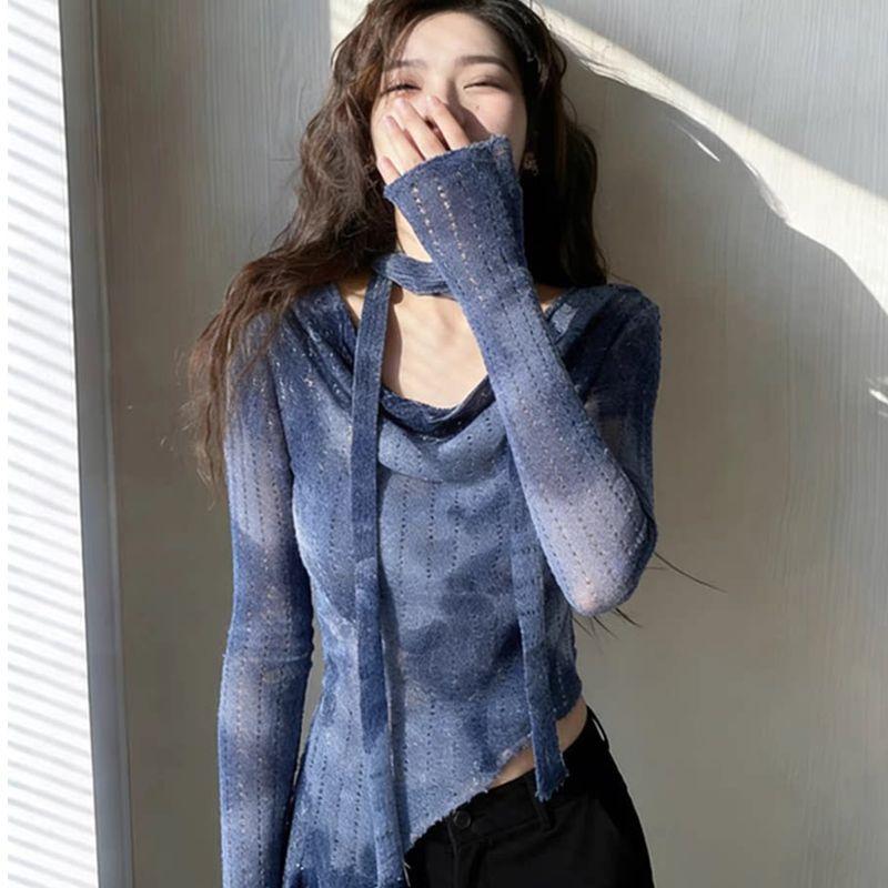 

2026 Spring New Blue Gradient Top with a Cinched Waist, Vintage Design, Unique Irregular Hem, and Draped Collar T-Shirt Blue Smudged Top S