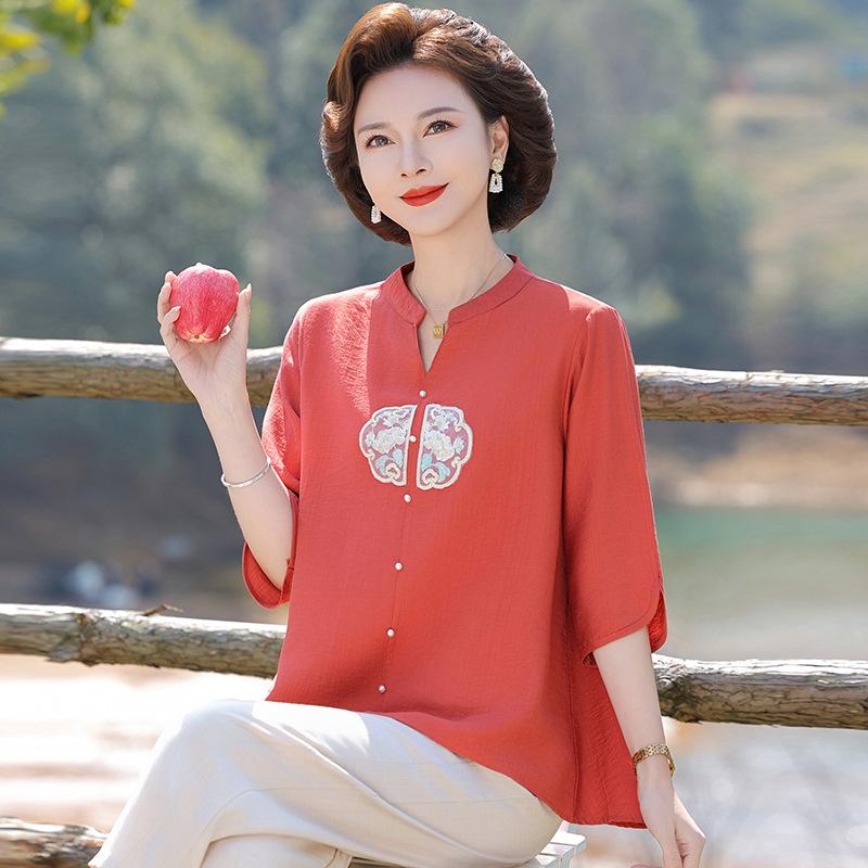 

Retro Chinese-Style Cotton Linen T-shirt & Blouse Set for Middle-Aged Women - Summer Fashion 2026 XL (For 95-115 kg)