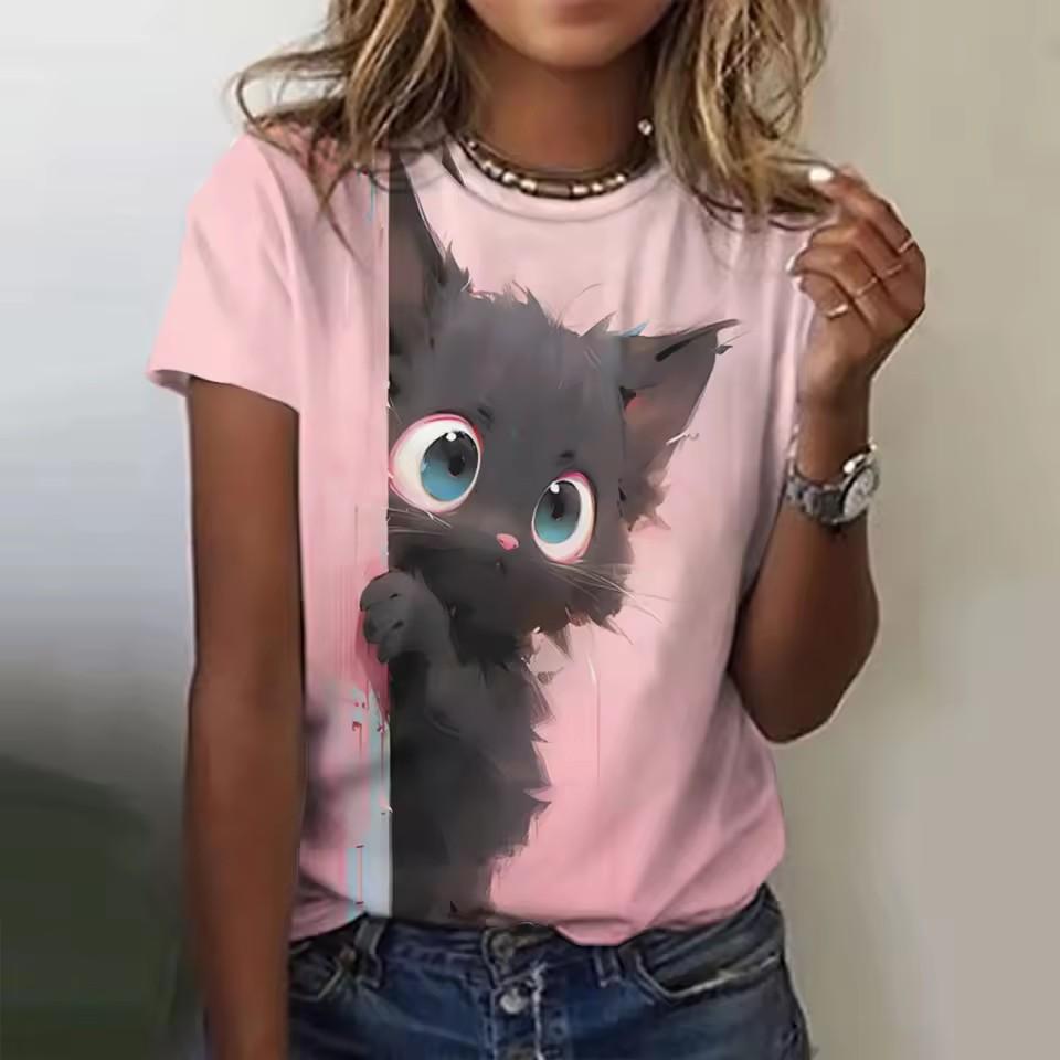 Summer Round Neck 3D Animal Cat Print Top Fashionable Casual Short Sleeved Women's T-shirts